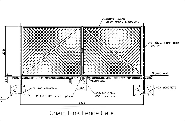 Integrated gate with chain link fence infill panels