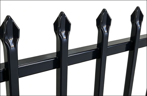 Black powder coated galvanised garrison fencing panels with rails and pickets